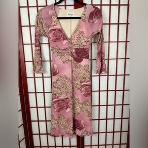 Y2K Romantic Pink 3/4 Sleeve Bodycon Floral Midi Date Night Cocktail Dress